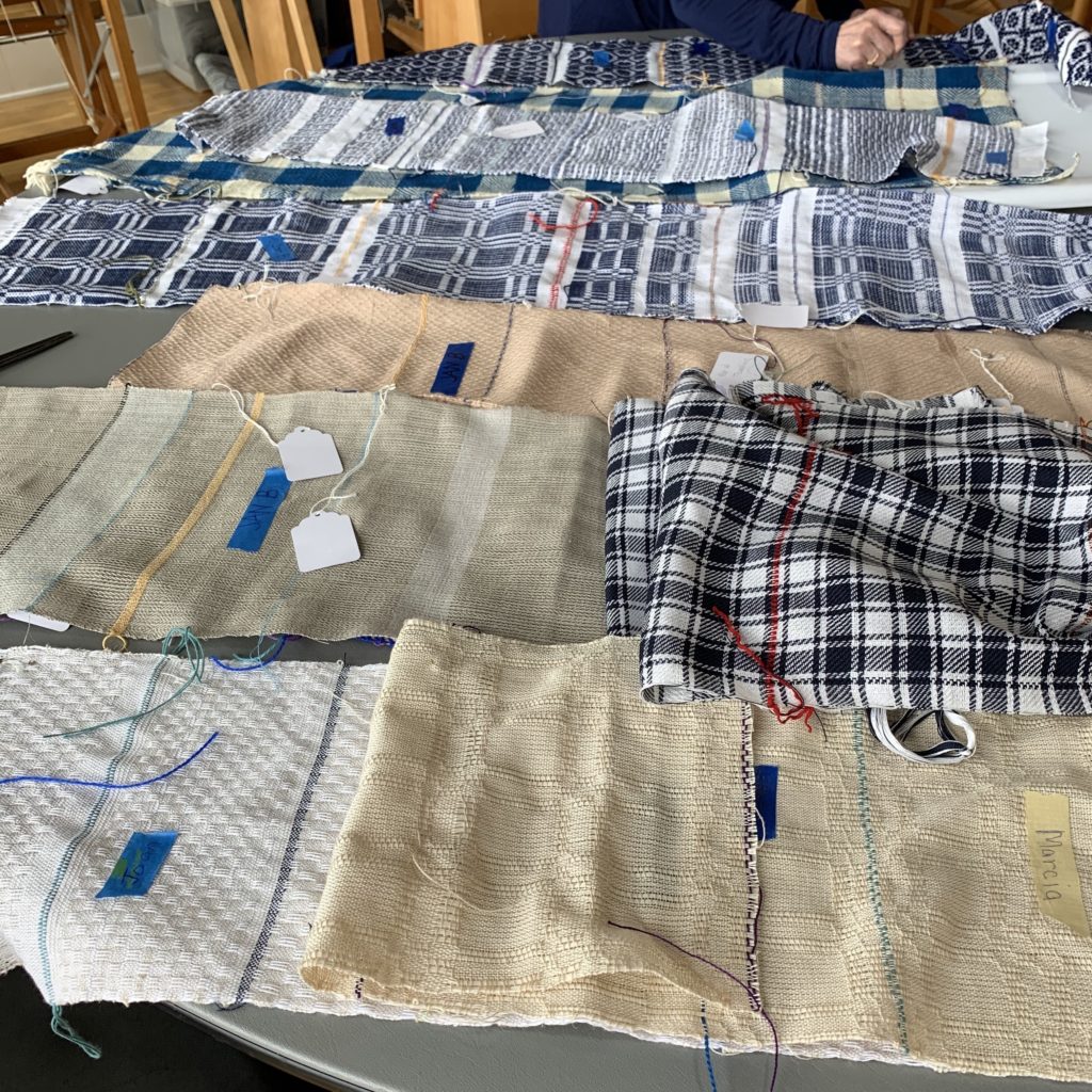 Whatcom Weavers Guild Early American Textiles Workshop samples laid out